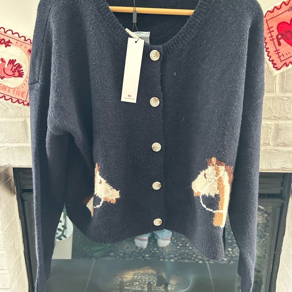 Vigoss Dark Blue Horse Pattern Cardigan novelty print navy blue XL nwt - Picture 2 of 5
